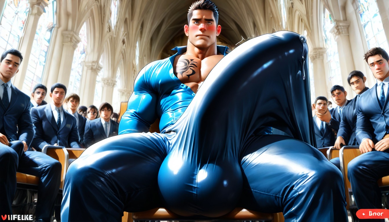 Gigantic Hyper Erection Bulge Visible, Hiding Cock In Shirt Fabric, Photographic Style Porno IA Gay