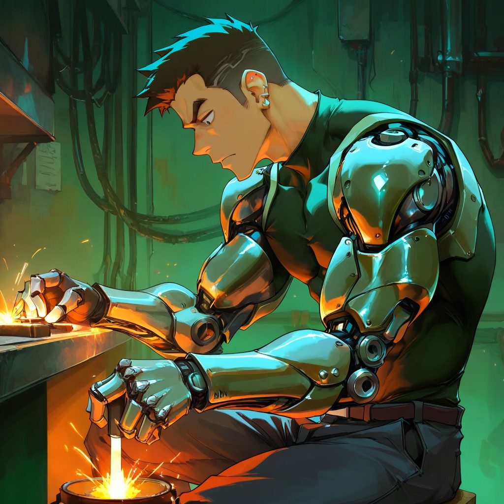 Side View, Strong Lines, Studious Man Sitting At A Workbench AI Gay Porn