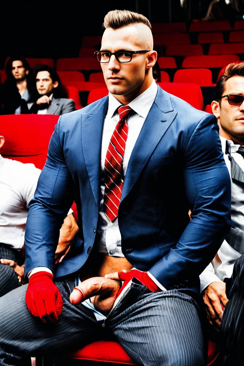 Shirt Open, Wearing Grey Formal Office, Bald AI Gay Porn
