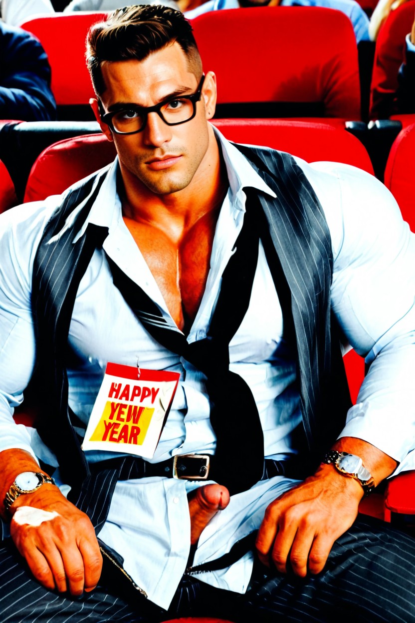 Sitting In A Darkened Crowded Movie Theater, Legs Spread, Glasses AI Gay Porn