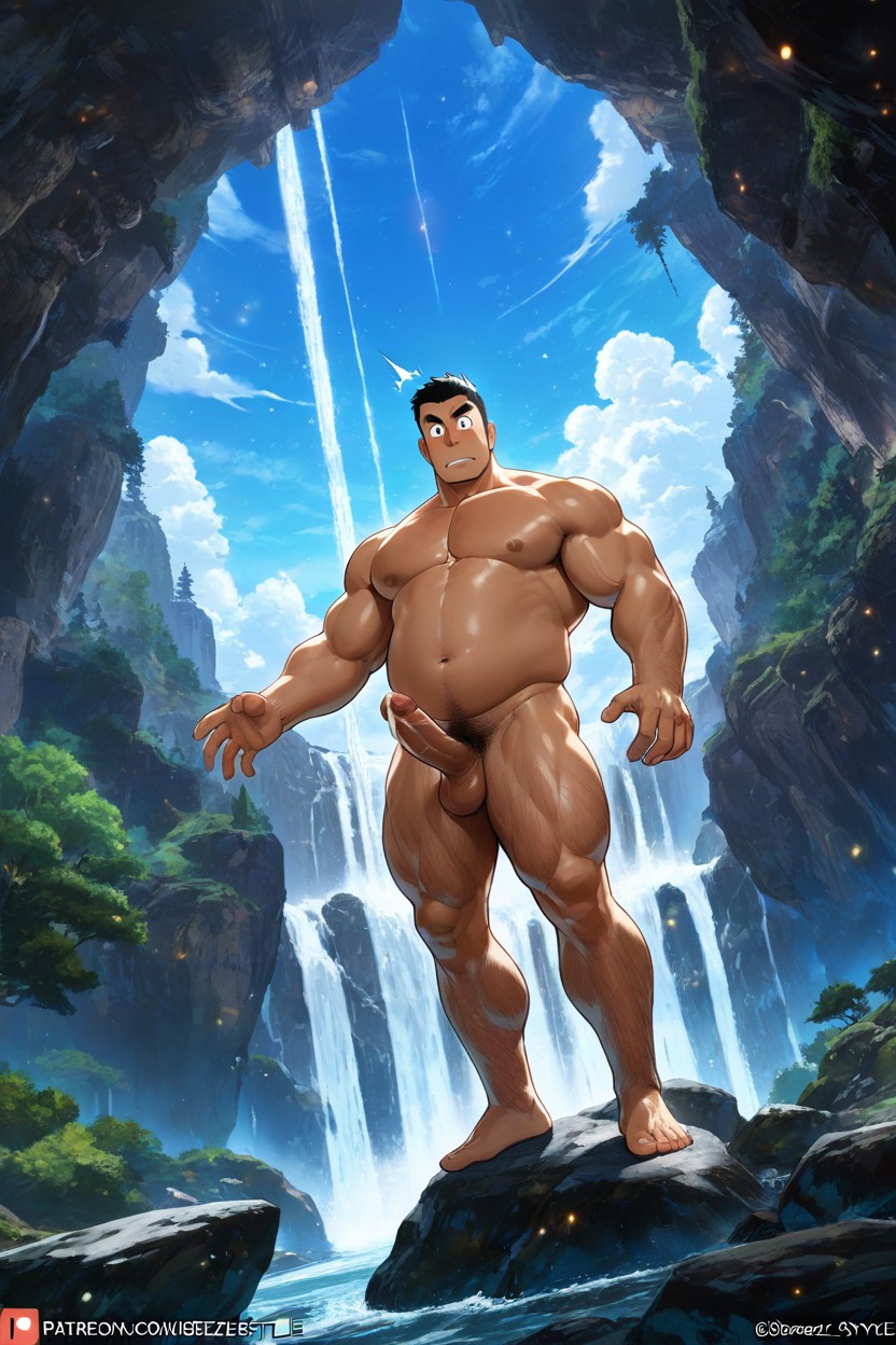 Huge Waterfall In The Distance, Beautiful Scenery, Simply Handsome AI Gay Porn