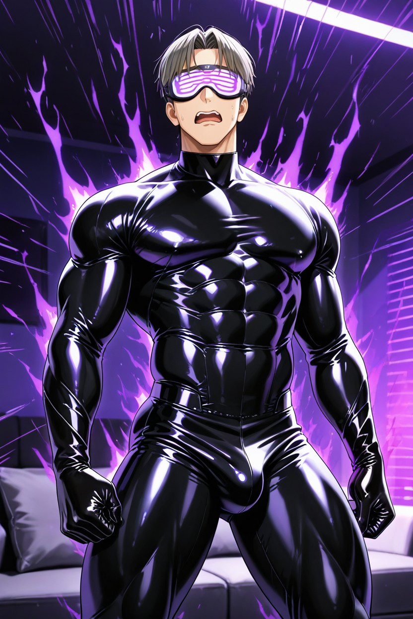 Legs Spread Wide, And Chest, Purple Rubber Stripes Run Along The Body ゲイAIポルノ