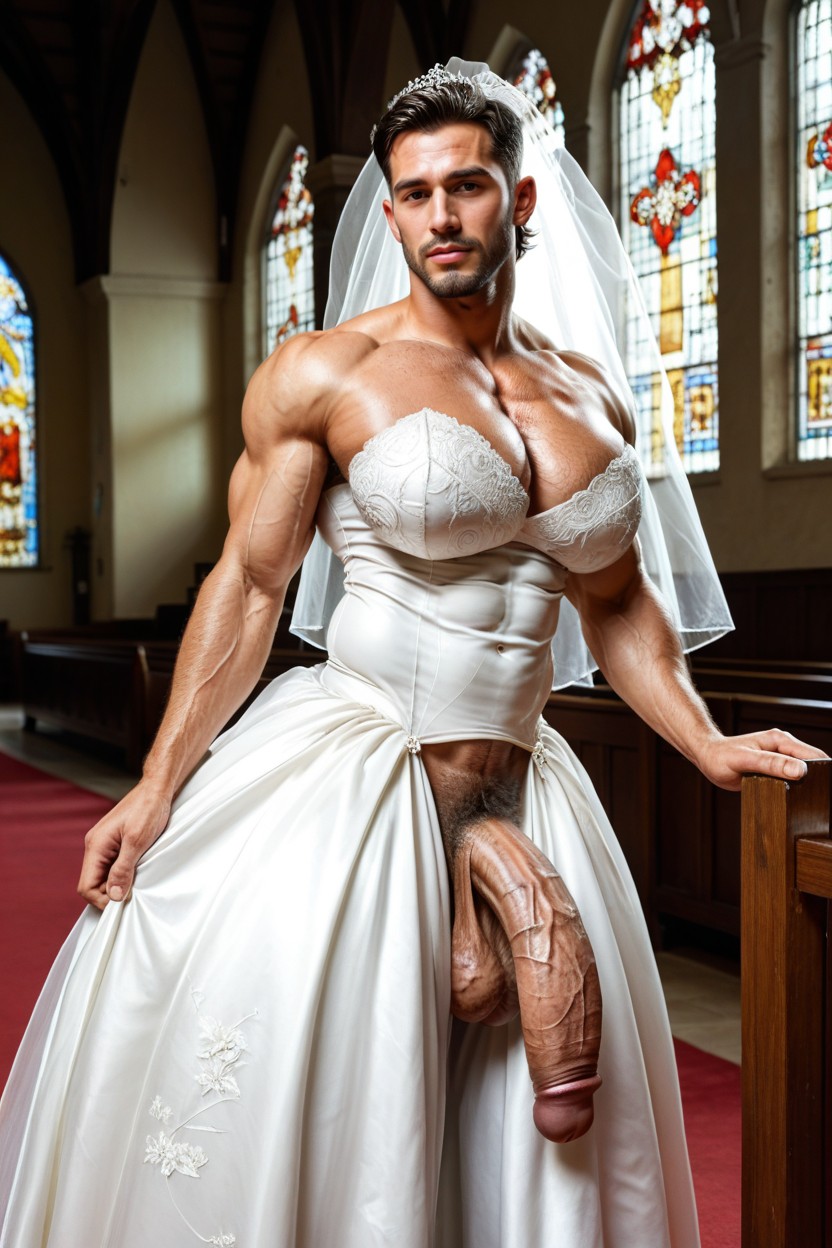 Fit, Hyper Oversized Huge Massive Flaccid Veiny Bulge In Wedding Dress, Manly AI Gay Porn