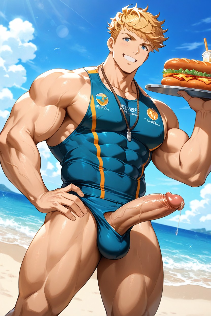Cygames Artwork Style, Wearing A Food Truck Uniform, Vane Works At A Food Truck On The Beach ゲイAIポルノ