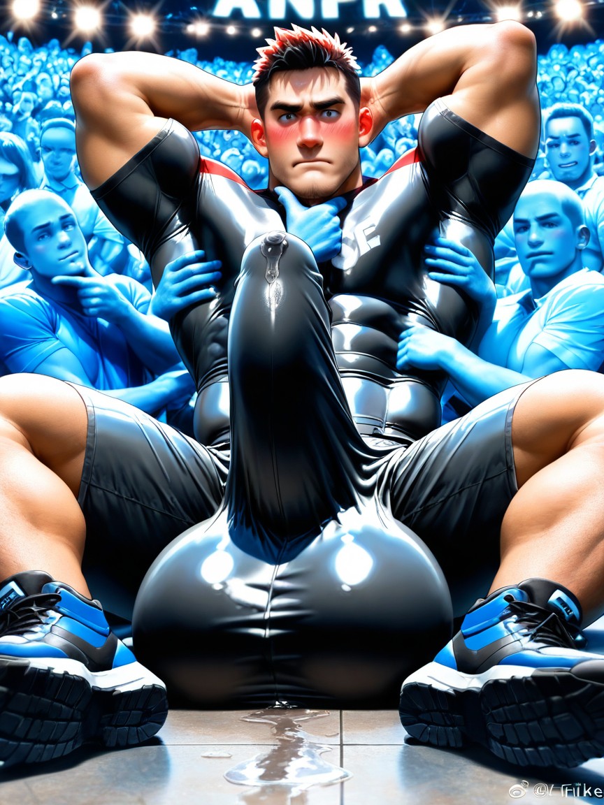 Glans Bulge Leaks Precum Near Chin, Only Men, Gigantic Impossibly Oversized Hyper Bulge Is Fully Erect Upright AI Gay Porn