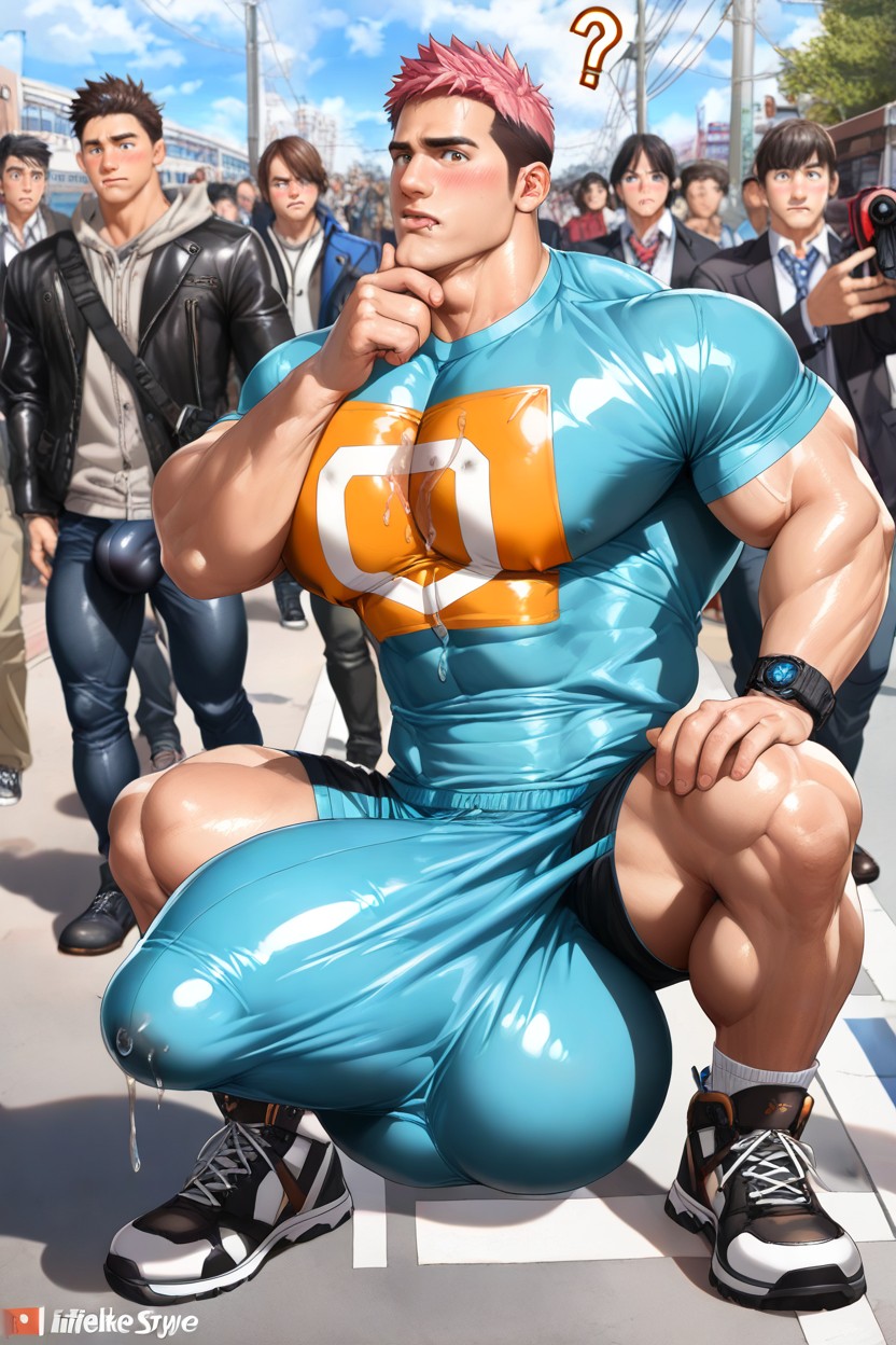 Male Only, Blushing, Giant Fully Erect Upright Bulge Up To Chin Pornografia gay com IA