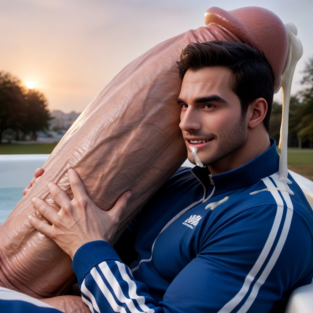 Absurd Impossible Gigantic Cock Size, Cock Many Times Taller Than Him, Angular Features Pornografia gay com IA