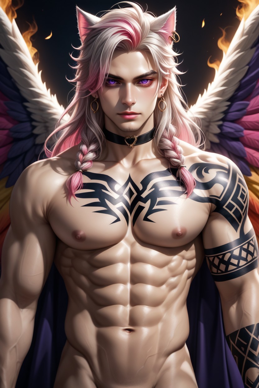 Blue And Red Tattoos, Chocker, Large Wings ゲイAIポルノ