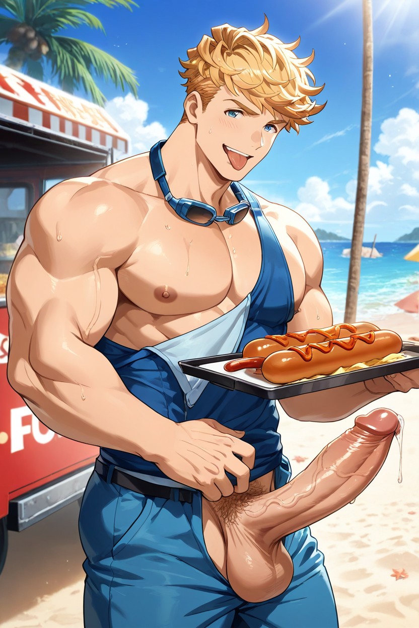 舌を出す, Vane Works At A Food Truck On The Beach, Vane Is Wearing With The Crotch Out ゲイAIポルノ