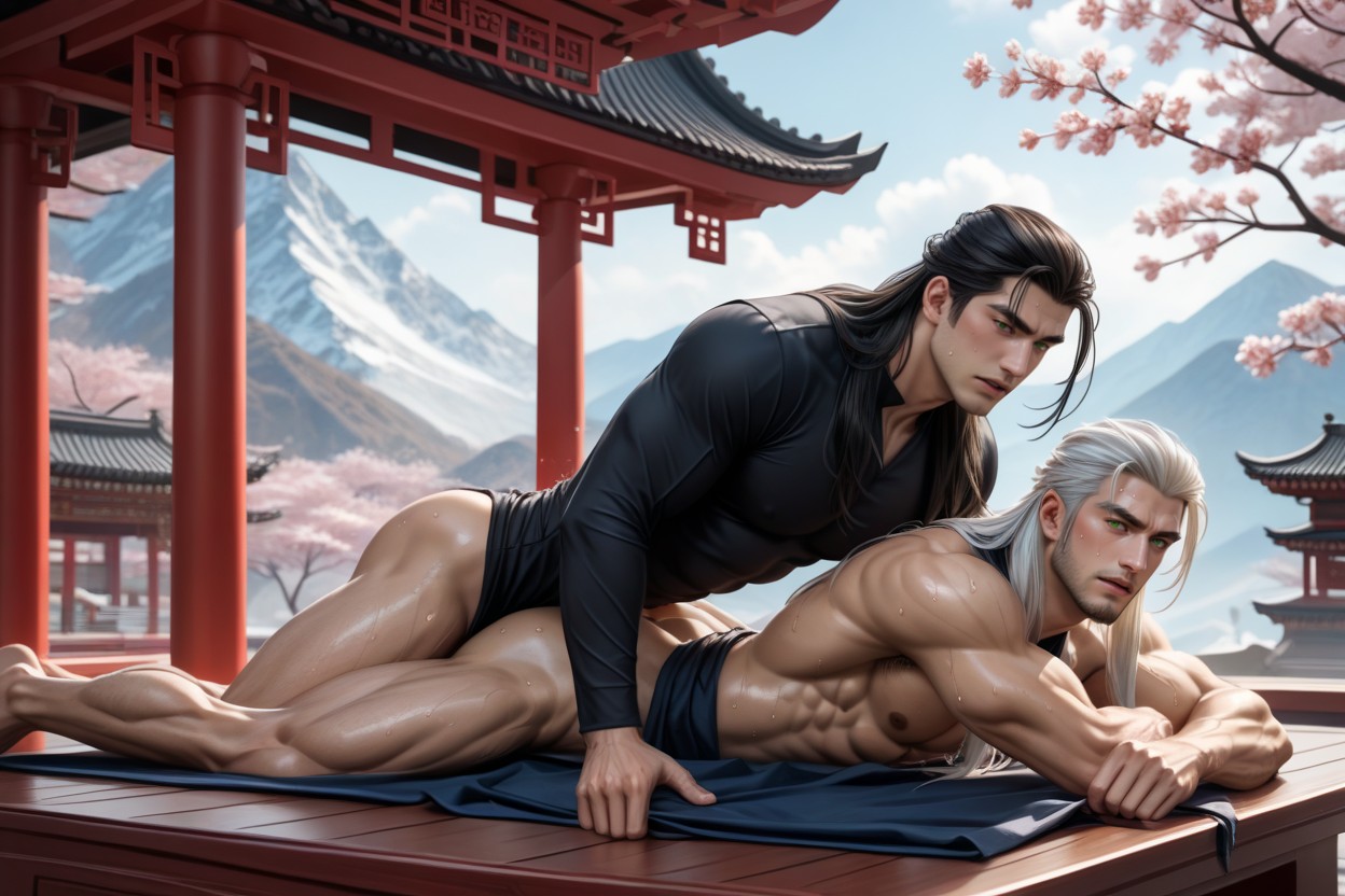 White Hair, Black Hair Break They Are Wearing Elegant Flowing Ancient Traditional Chinese Silk Robes Unde Intricate, Very Long Hair ゲイAIポルノ