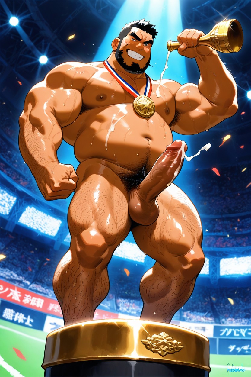 Ball Hair, Japanese Man, Dark Tan Skin AI Gay Porn