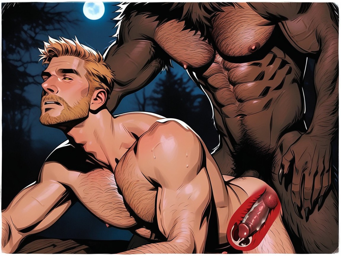 A Picture Featuring Lifelike Finely Detailed Fur, Hairy Muscular Body, Night Sky ゲイAIポルノ