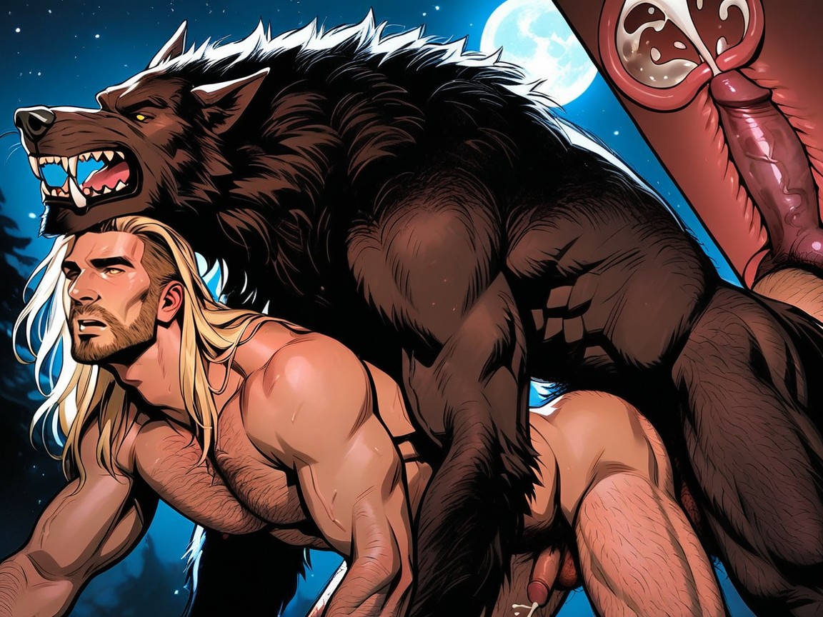 Fucking A Blonde Human Male From Behind, Hairy Muscular Body, Night Sky ゲイAIポルノ