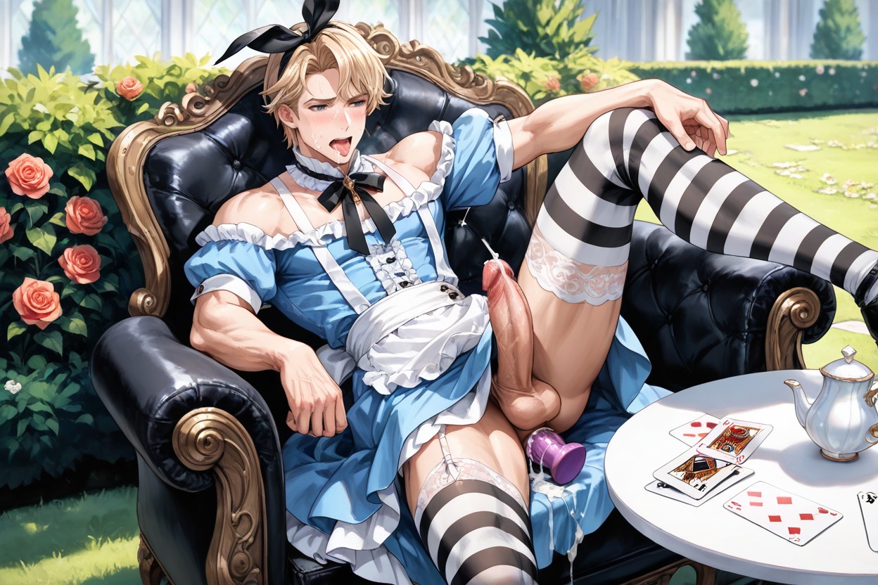 Black And White Striped Thigh High Socks, Man Wearing Black Ribbon At Head, White Collars AI同性恋黄片