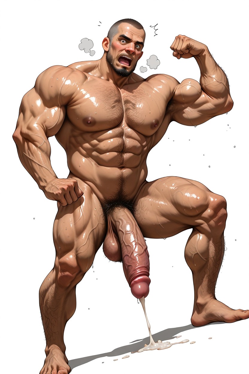 Clear Thick Precum Dropping From The Tip Of The Cock, Defined Muscular Arms, 単純な背景 ゲイAIポルノ