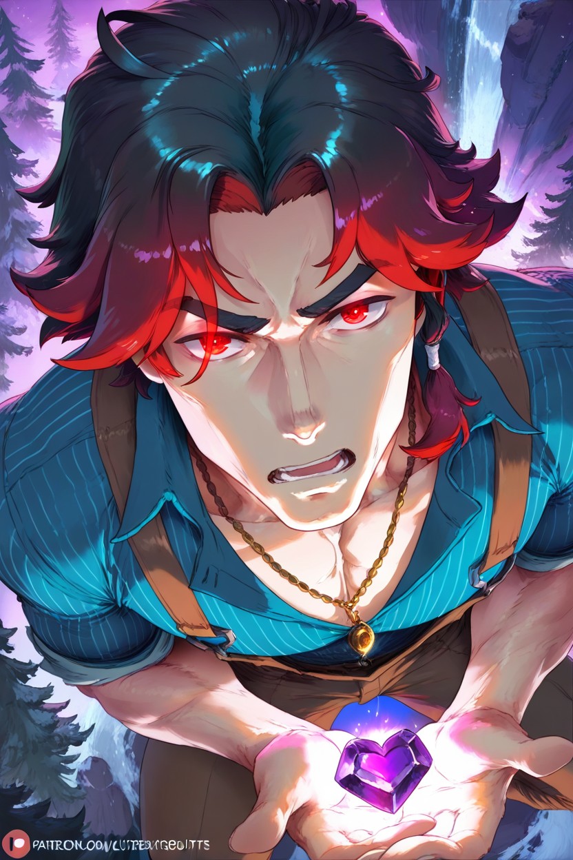 Only The Man Is Angry, Detailed Lighting, Denim Work Shirt ゲイAIポルノ