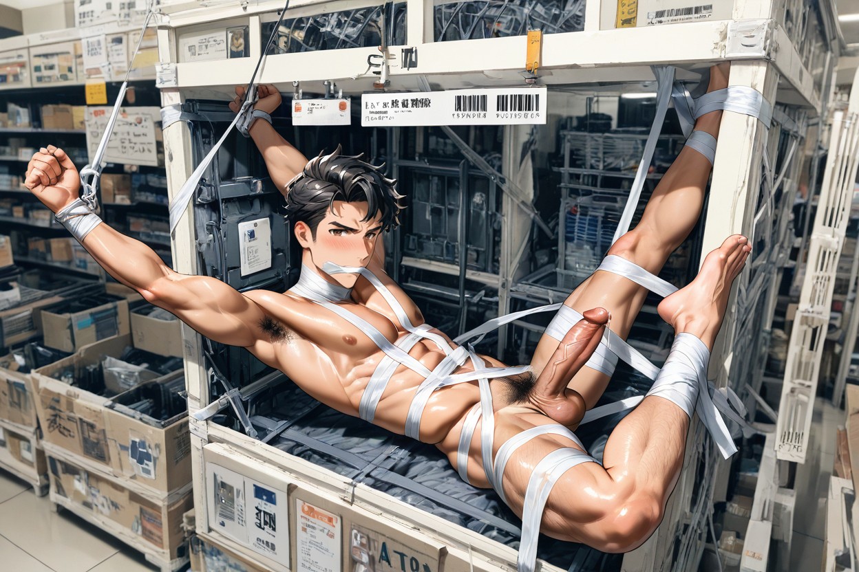 Completely Naked, Asian, He Is Put In An Industrial Product Box Pornografia gay com IA