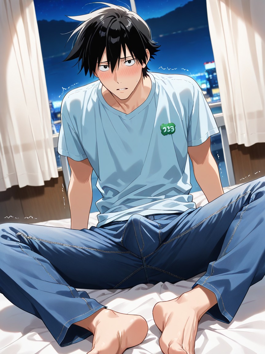 苗条, Kageyama Ritsu Is Male, Sitting On A Queen-size Bed AI同性恋黄片
