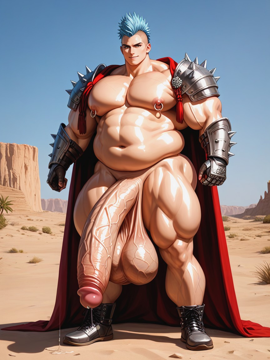 Masculine Chest, Brown Leather Armor, Light Blue Hair ゲイAIポルノ