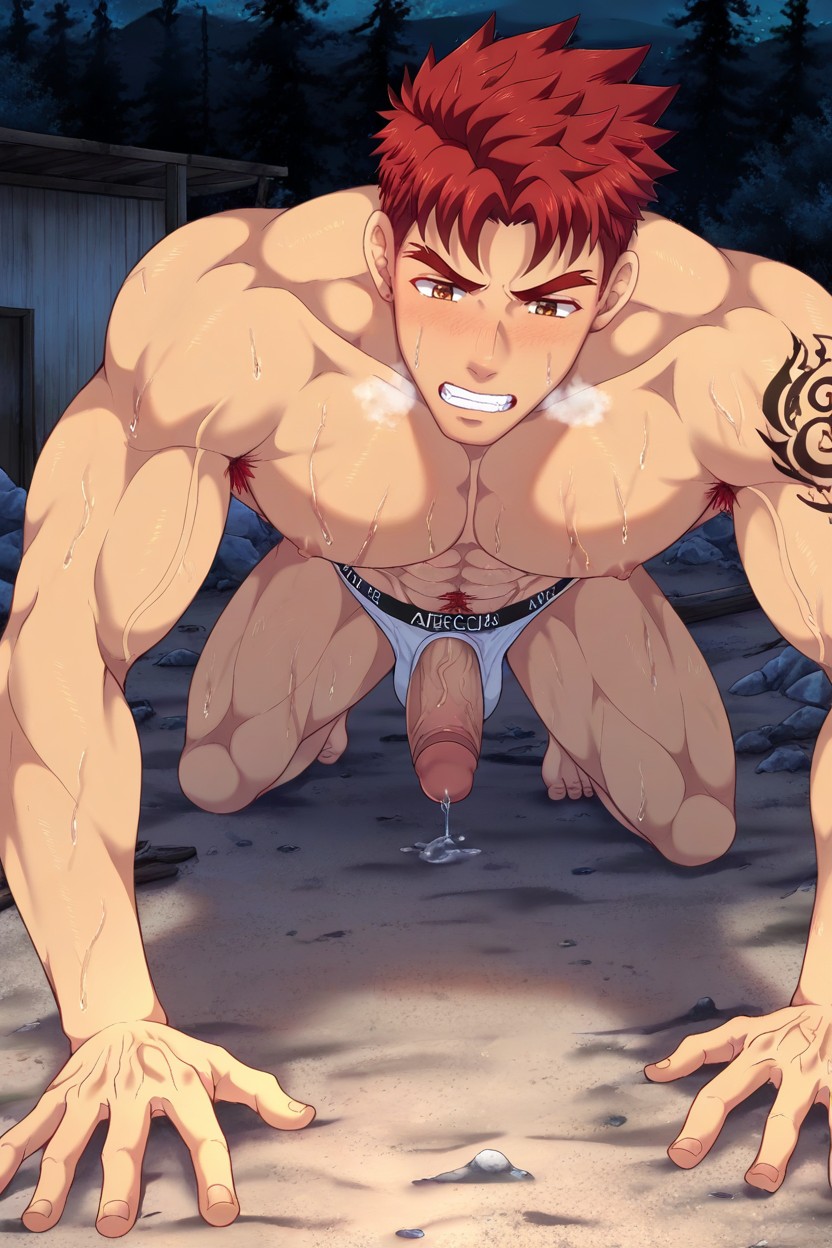 Wearing White Underwear, Eyes Half-closed, Old Abandoned Campsite 게이 AI 포르노