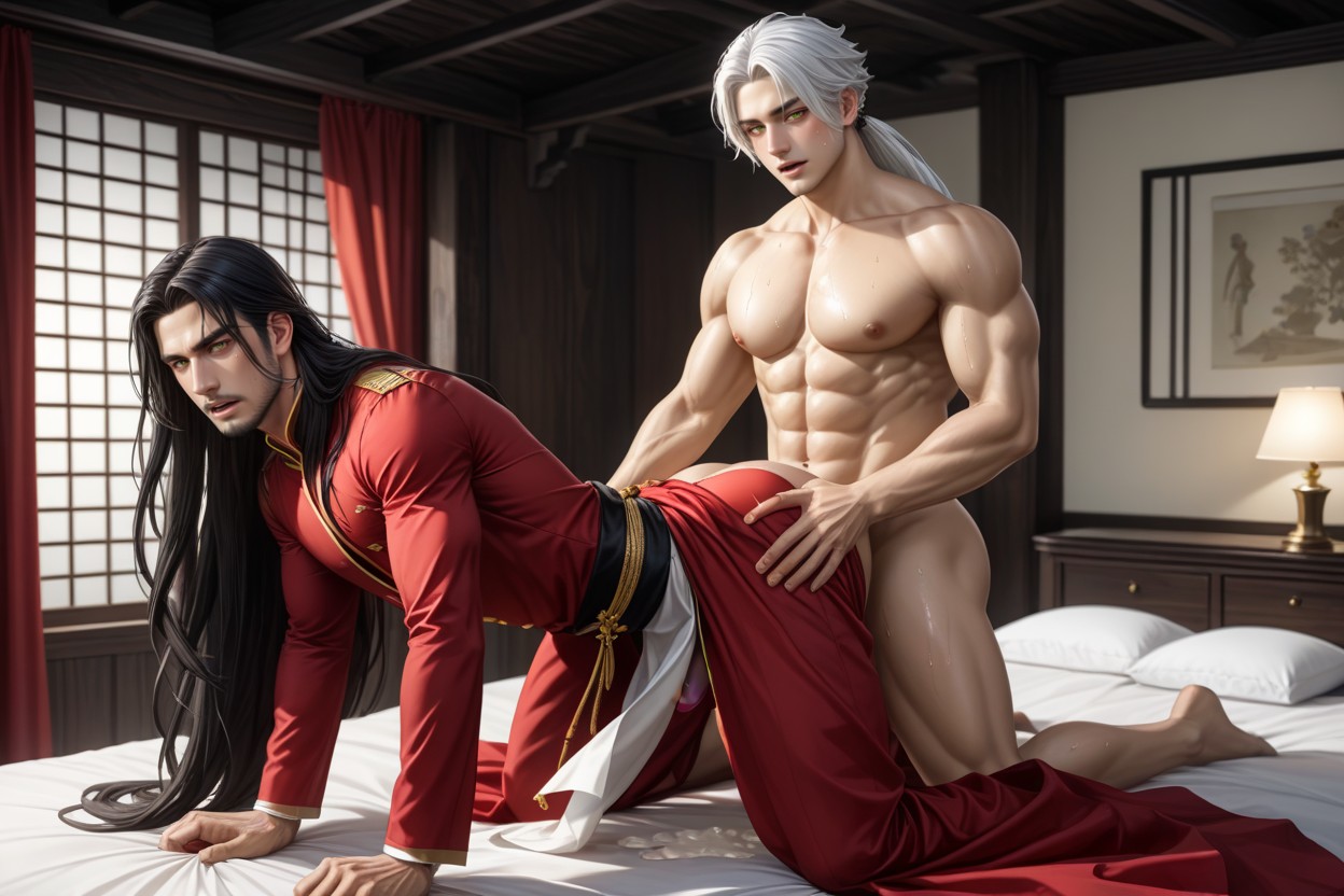 Historically Inspired East Asian Warrior Robes, Gay Anal Sex, Ancient Asian Inn Bedroom Withdark Mahogany Wood Architecture Porno IA Gay