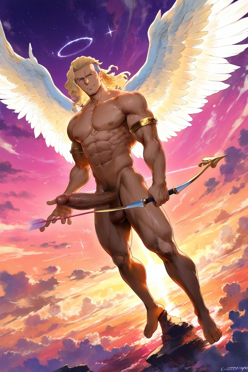 Thick Muscular Thighs, Confident Expression Looking At Viewer, Floating Red Hearts And Sparkles Around ИИ гей порно