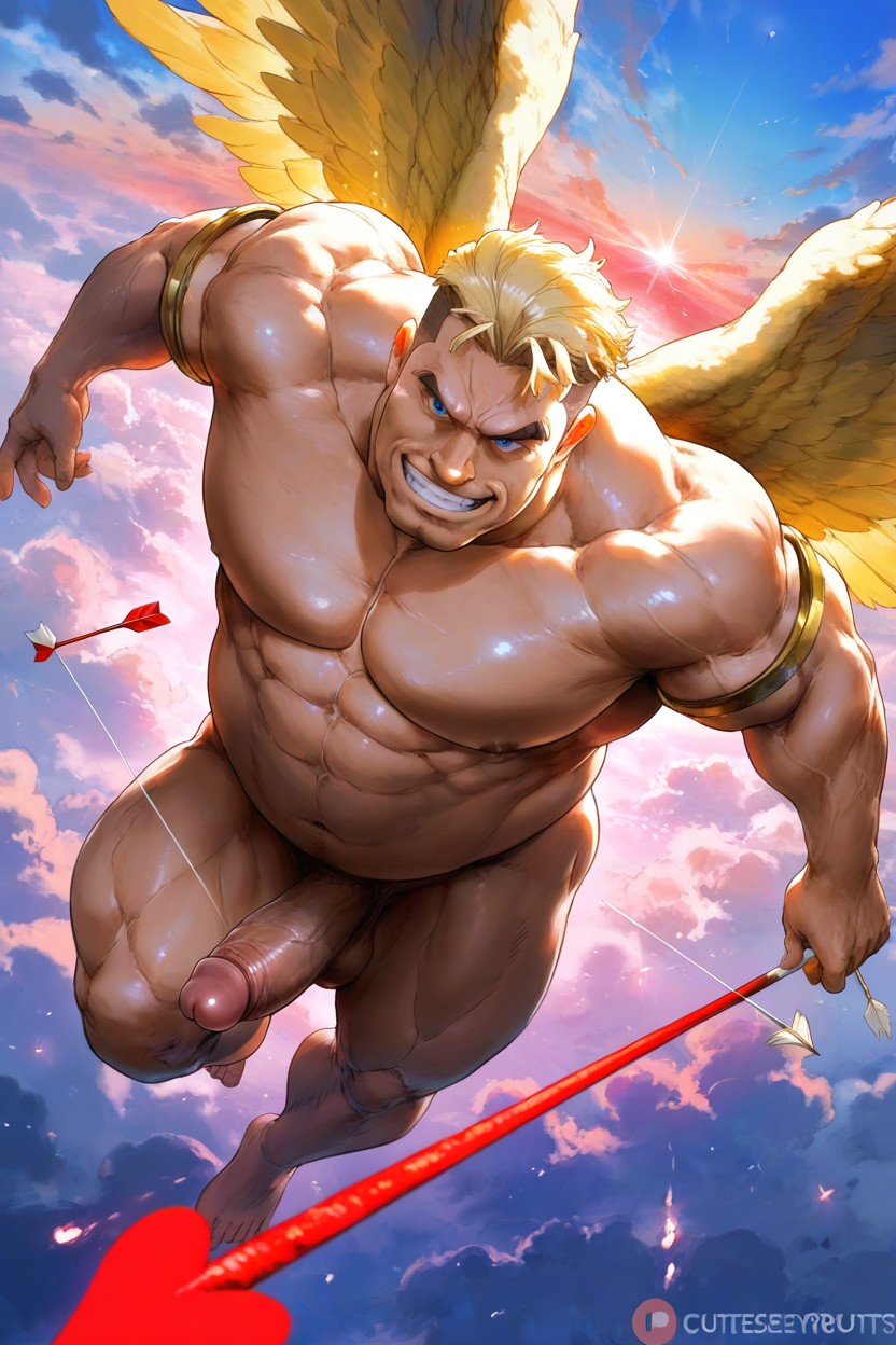 Fat Hunk Muscular, Golden Armbands, Floating Red Hearts And Sparkles Around Pornografia gay com IA