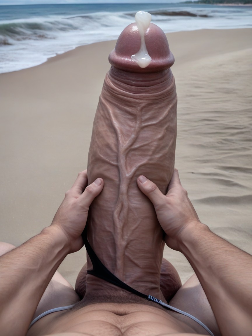 Photographic Style, Focus On Absurdly Gigantic Fully Erect Uncut Penis, Hugging Own Cock Porno IA Gay
