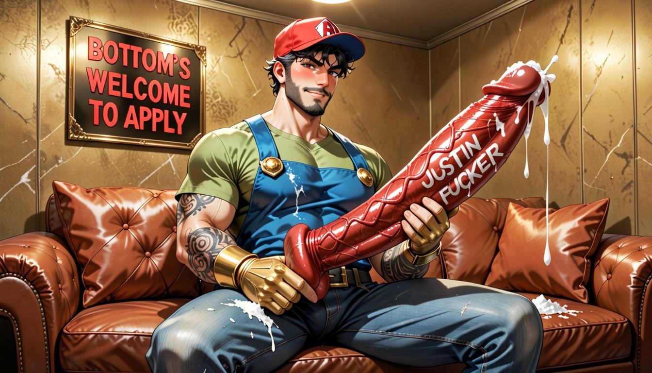 Hypnotic Sign On Wall Says "bottom's Welcome To Apply", Holding Dildo, Hot Skin AI Gay Porn