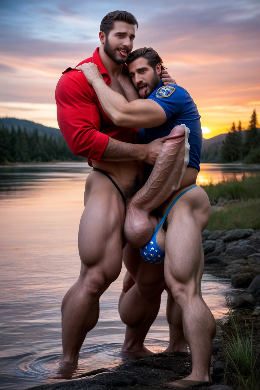 Nervous, Holding Cock With Both Arms, Sapeur Pompier Porno IA Gay