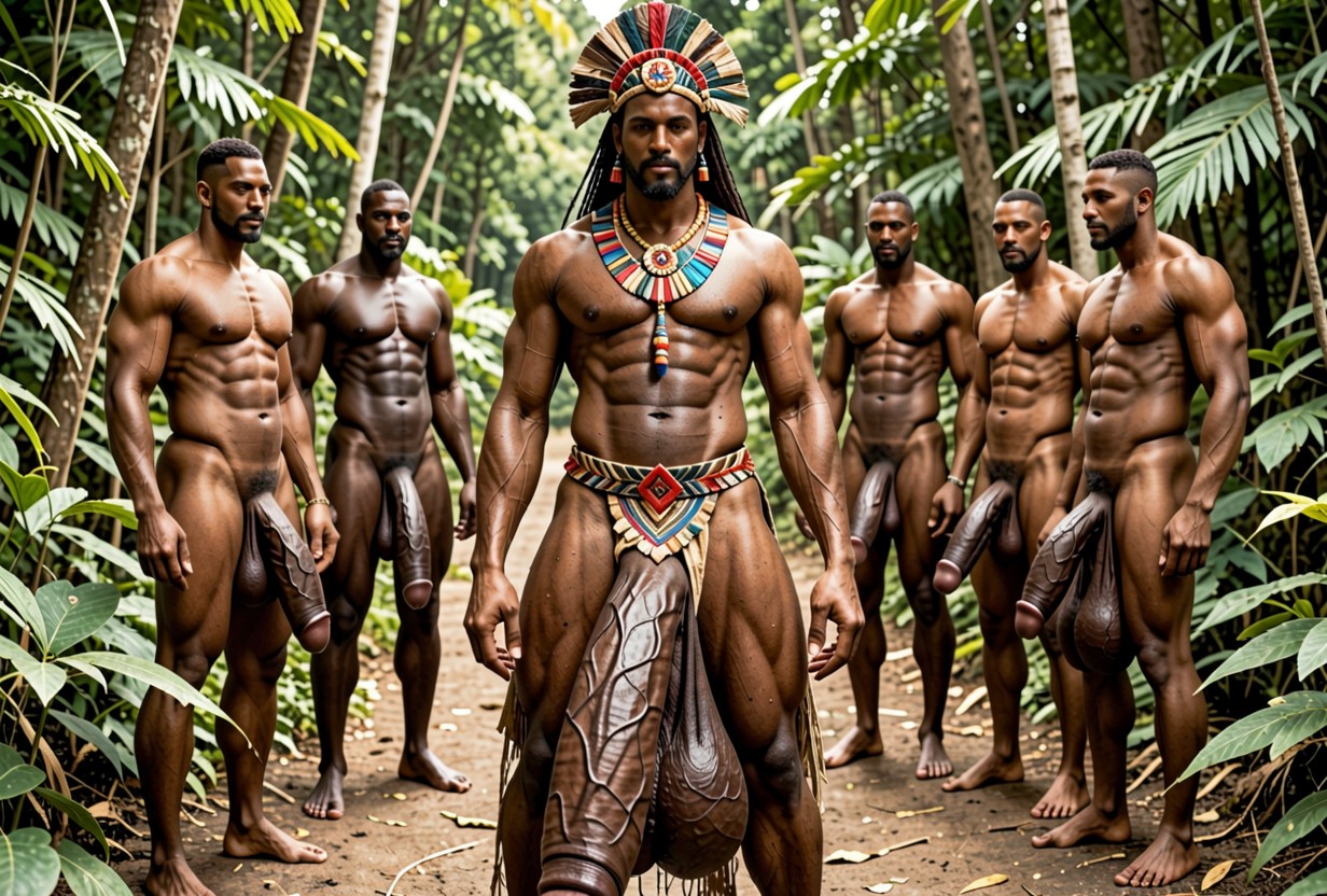 Jungle, Jambes Écartées, Andvery Big Decorative Indigenous Tribal Headgear Porno IA Gay