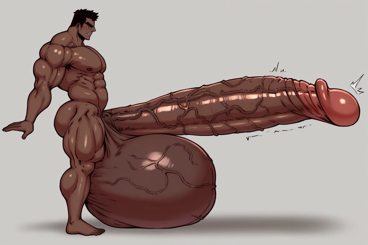 Corps Entier, Lumière Volumétrique, Disproportional Ultra Hyper Long Cock Porno IA Gay