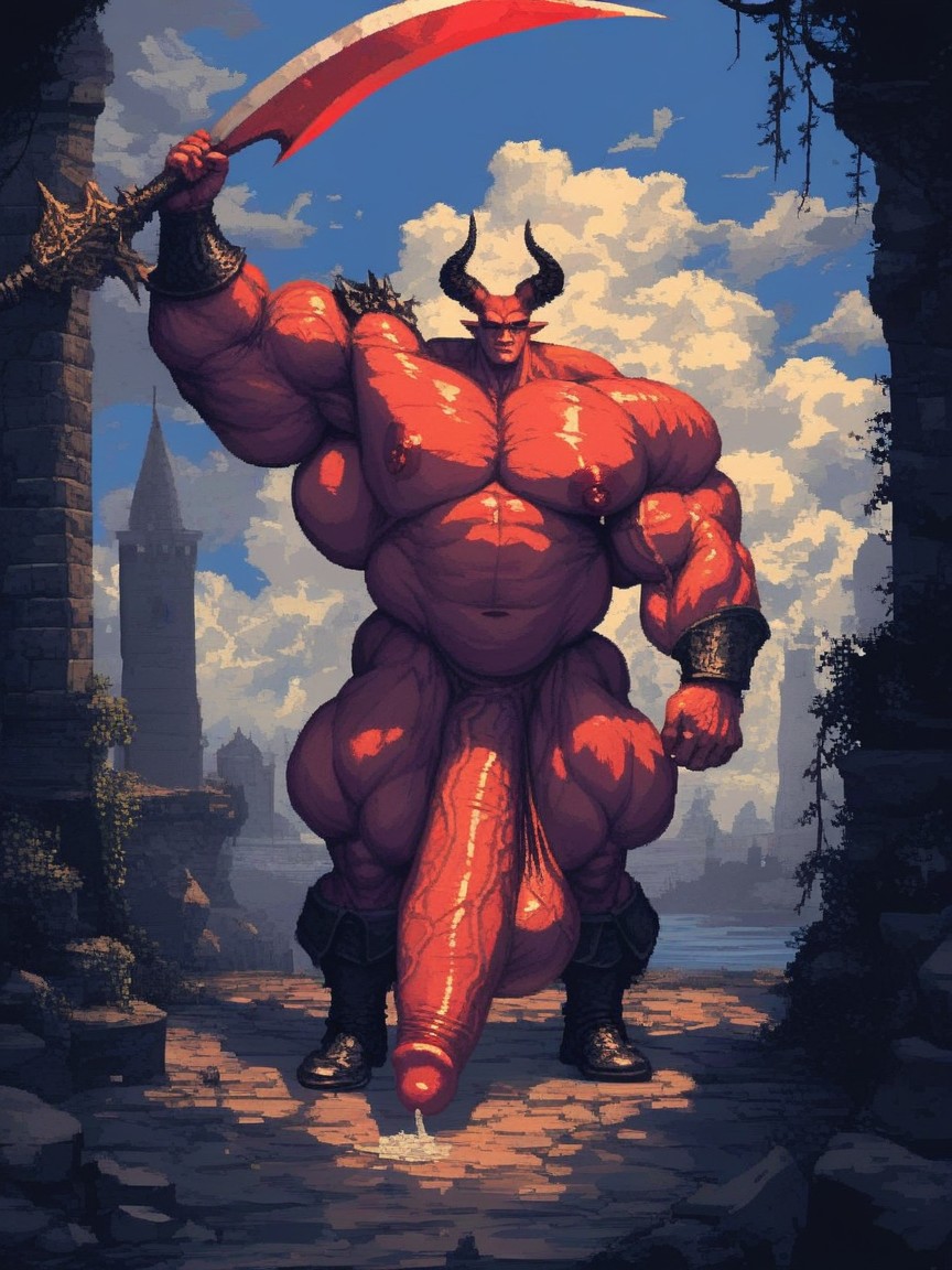 Battle Pose, Impossibly Long Hyper Penis Shaft, Soft Facial Features Porno IA Gay