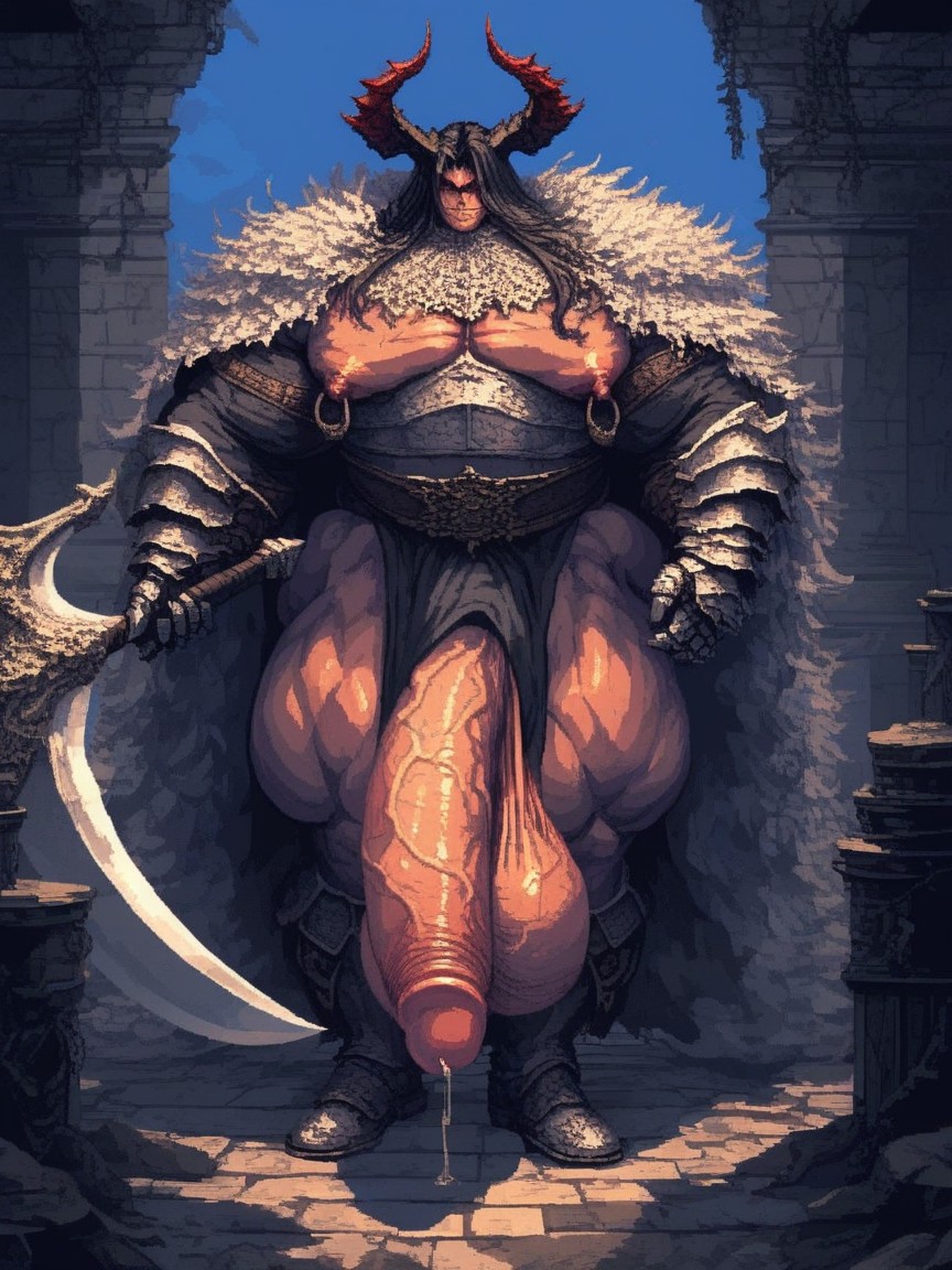 Shiny Skin, Medieval Fantasy Setting, Absurdly Long Oversized Flaccid Penis Porno IA Gay