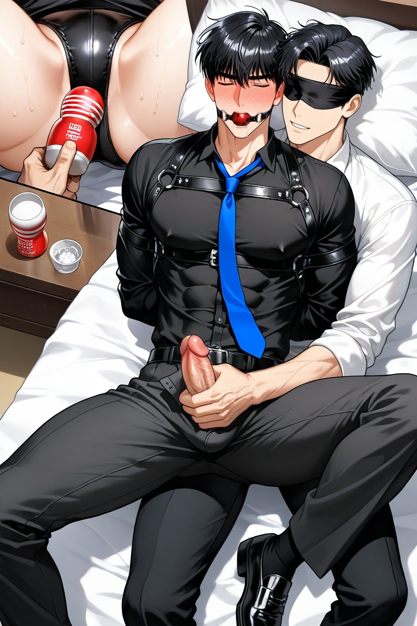 Blindfolded And Ball Gag Only Apply To People Who Is, Black Pants, 딱 맞는 체형 게이 AI 포르노