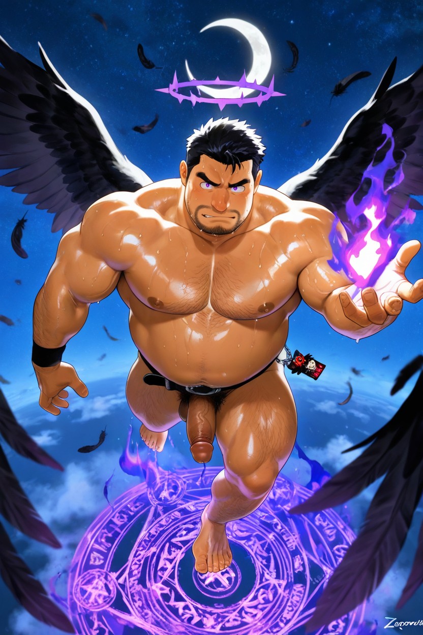 Glowing Magic Circle, Fat Body, Huge Purple Flames Wings Open Porno IA Gay