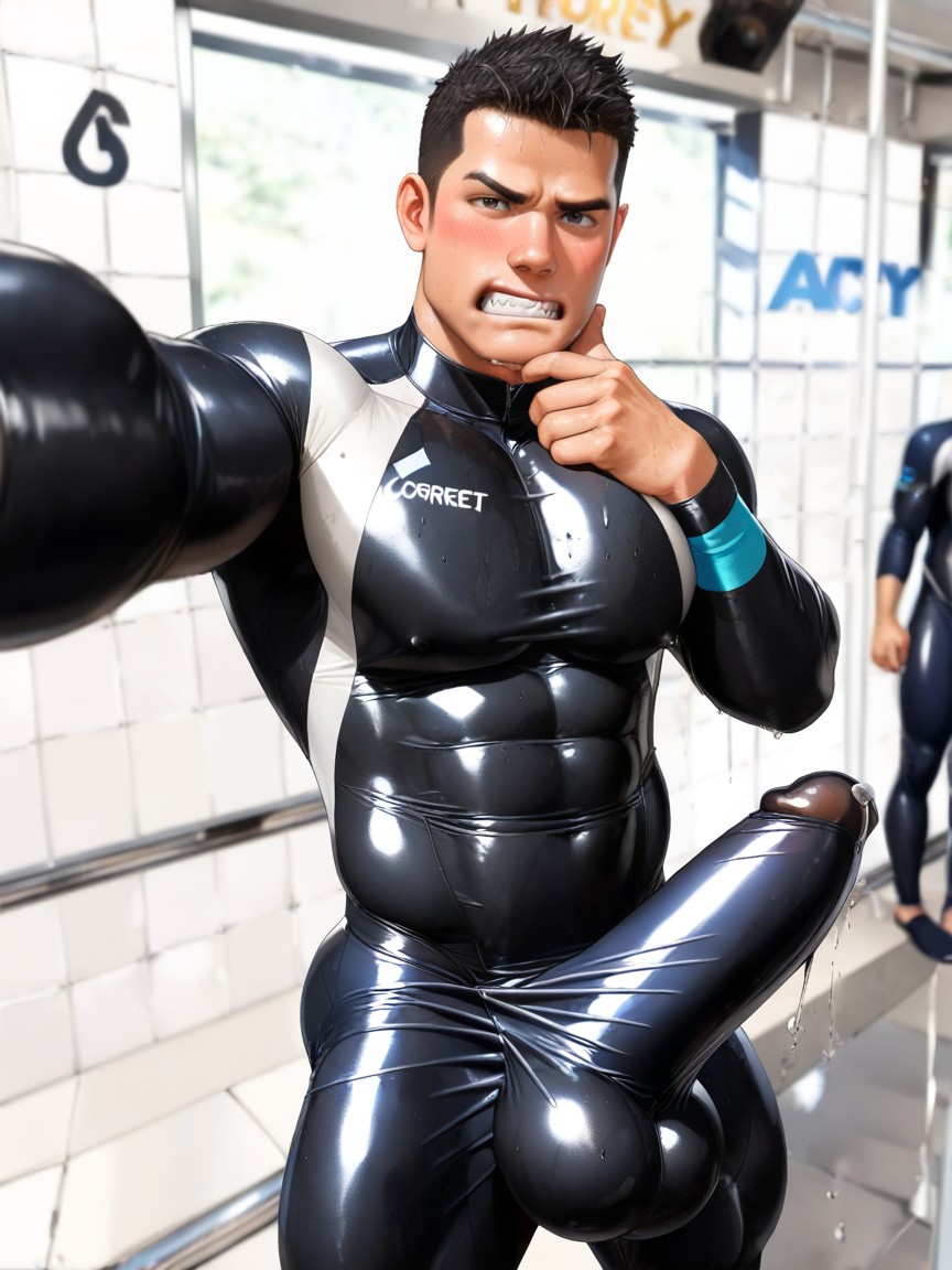 Gigantic Fully Erect Cock Bulge, Black Hair, Veste Porno IA Gay
