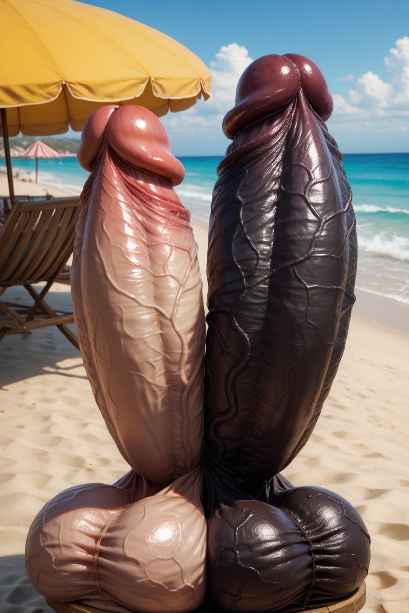 Pénis Hyper Long Et Impossible, Plage, Girthy Thick Gigantic Erect Penis Porno IA Gay