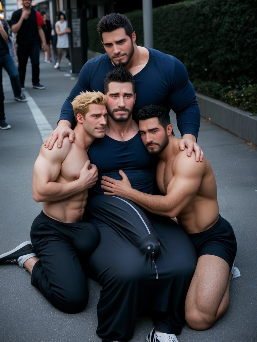 Japanese Group Of Men, Pressed Together, Visage Fatigué Porno IA Gay