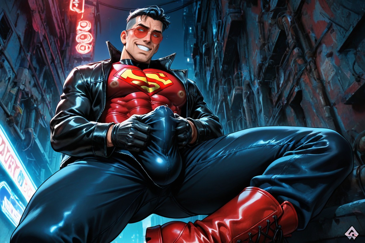 Athletic Male, Bursting Shirt, Dystopian Cyberpunk City Pornografia gay com IA