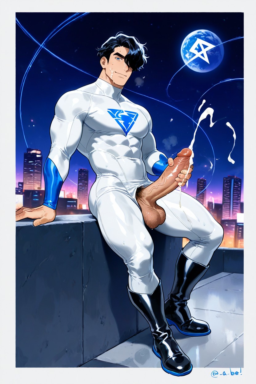 And Blue Eyes, Upright Erected Cock, 側面図 ゲイAIエロ