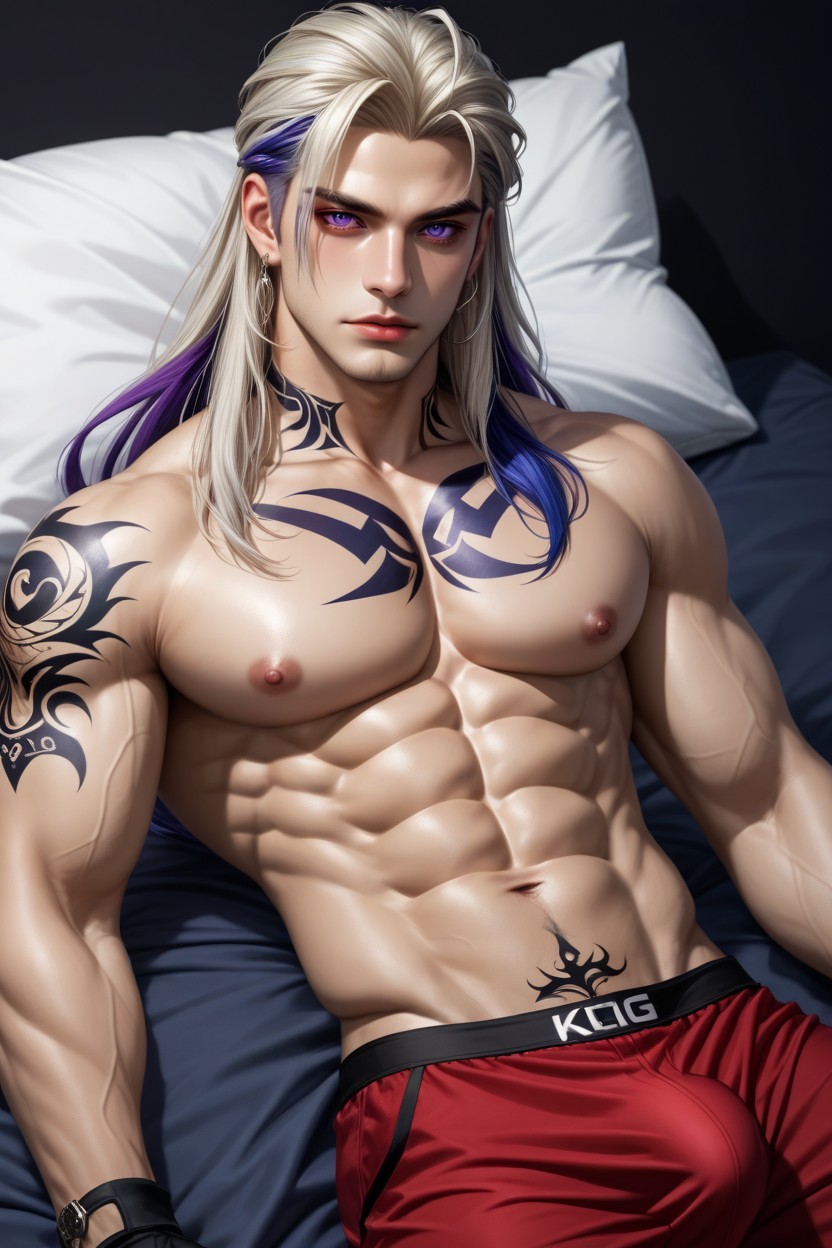 Long Length Hair, Laying In Bed, Blue And Red Tattoos AI Gay Porn