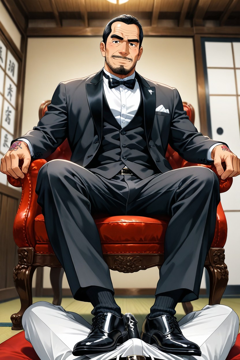 He Has A Black Bow Tie That Is Untied, Anime Art Style Side View, En Forme Porno IA Gay