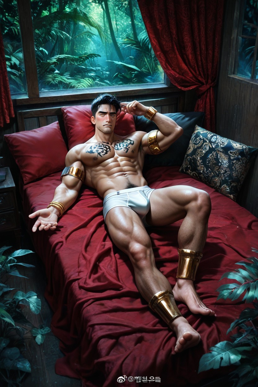 And Heads Are On The Armbands His Dark, Real Golden Filigree Body Jewelry, Coréen Porno IA Gay