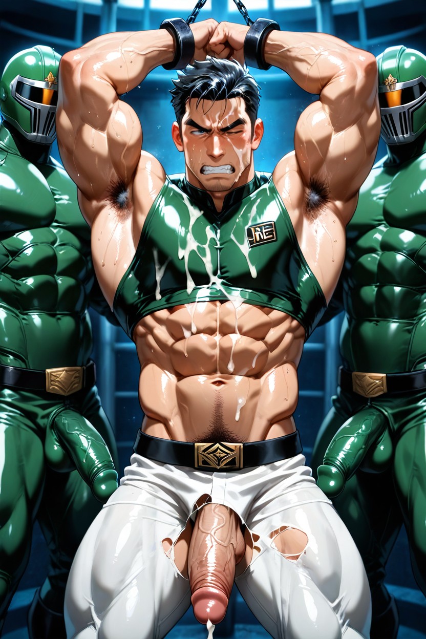 And The Men Around Him Also Ejaculate, 中, His Arms Are Held Down Above His Head ゲイAIポルノ