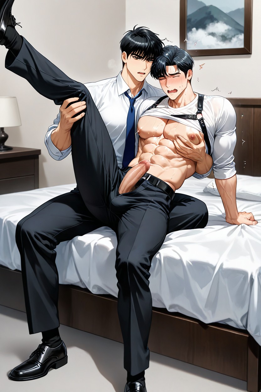 Bangs Slightly Swept To The Sides, Black Hair, Lift One Leg Onto The Bed KI Schwulenporno