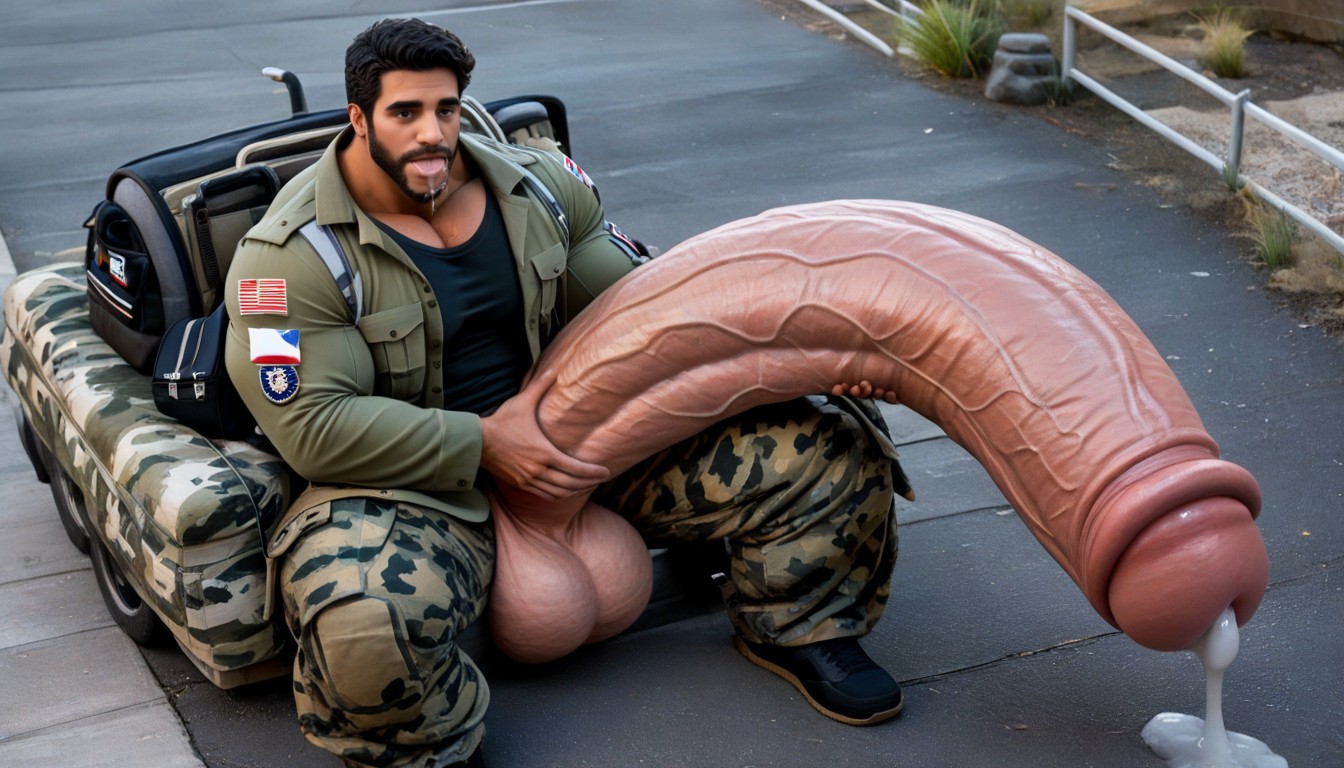 Cock Many Times Longer Than Face, Square Jaw, Bearded Latino Looks Up At Viewer ゲイAIエロ