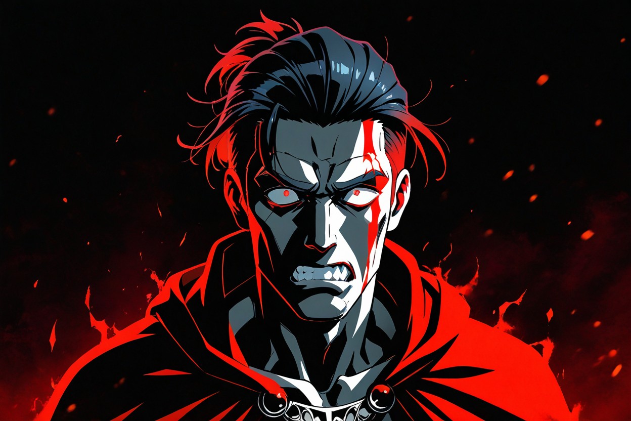 Black To Red Gradient Hair Color, Highly Disheveled Slicked Back Hairstyle, Hunched Posture ゲイAIポルノ