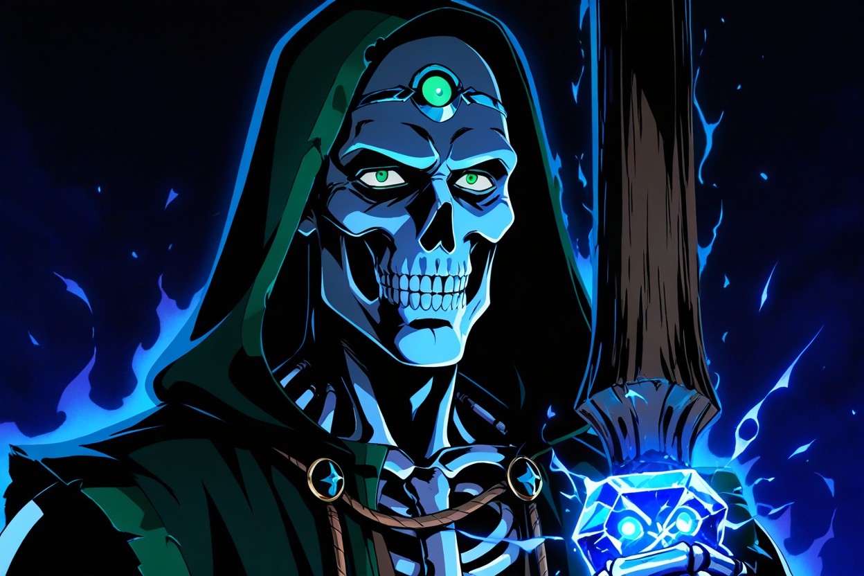 Straight Posture, Glowing Blue Sparks From Bottom Left, Wearing Dark Blue And Green Hooded Robe Porno IA Gay