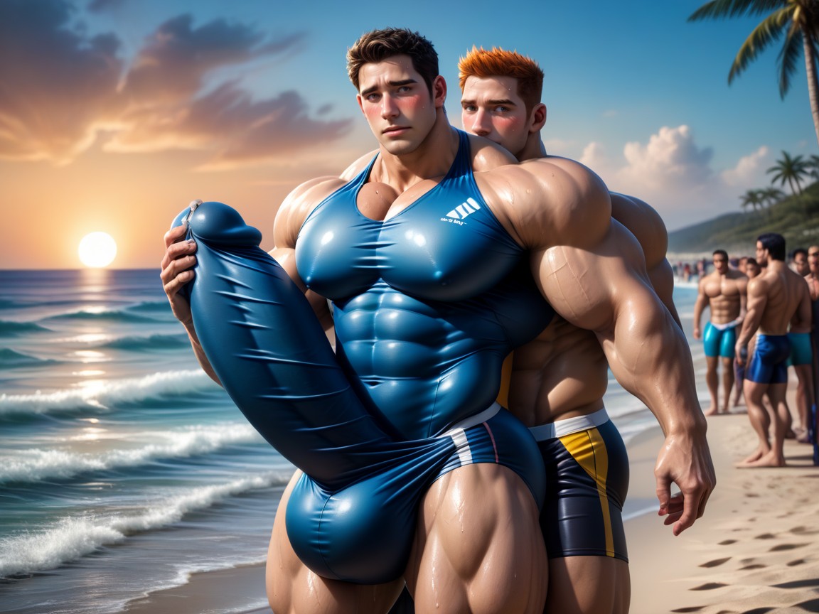 Glans Outline In Fabric, Giant Hyper Glans With Precum Near Chin Pressed Against Chest, Beach Porno IA Gay